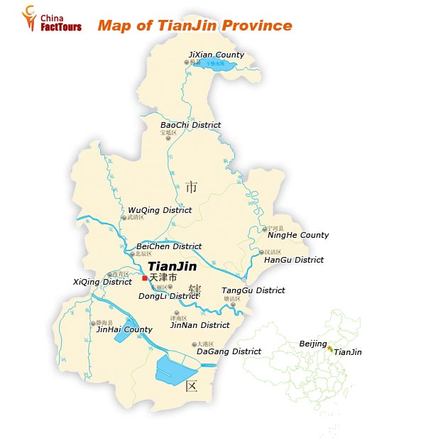 Map of Tianjin Tianjin's urban area is located along the Hai He River, 