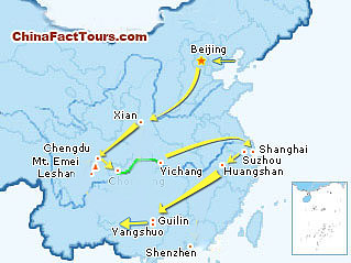 Beijing, Xian, Guilin,Sichuan, Chongqing, Yangtze Cruise, Yichang, Shanghai, Suzhou, Huangshan, Shenzhen tourist map