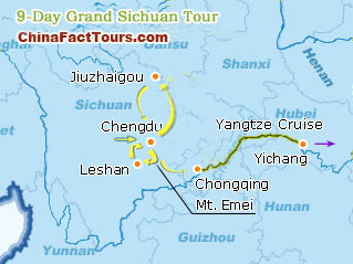 Chengdu, Leshan, Jiuzhaigou,Yangtze River Tourist Map